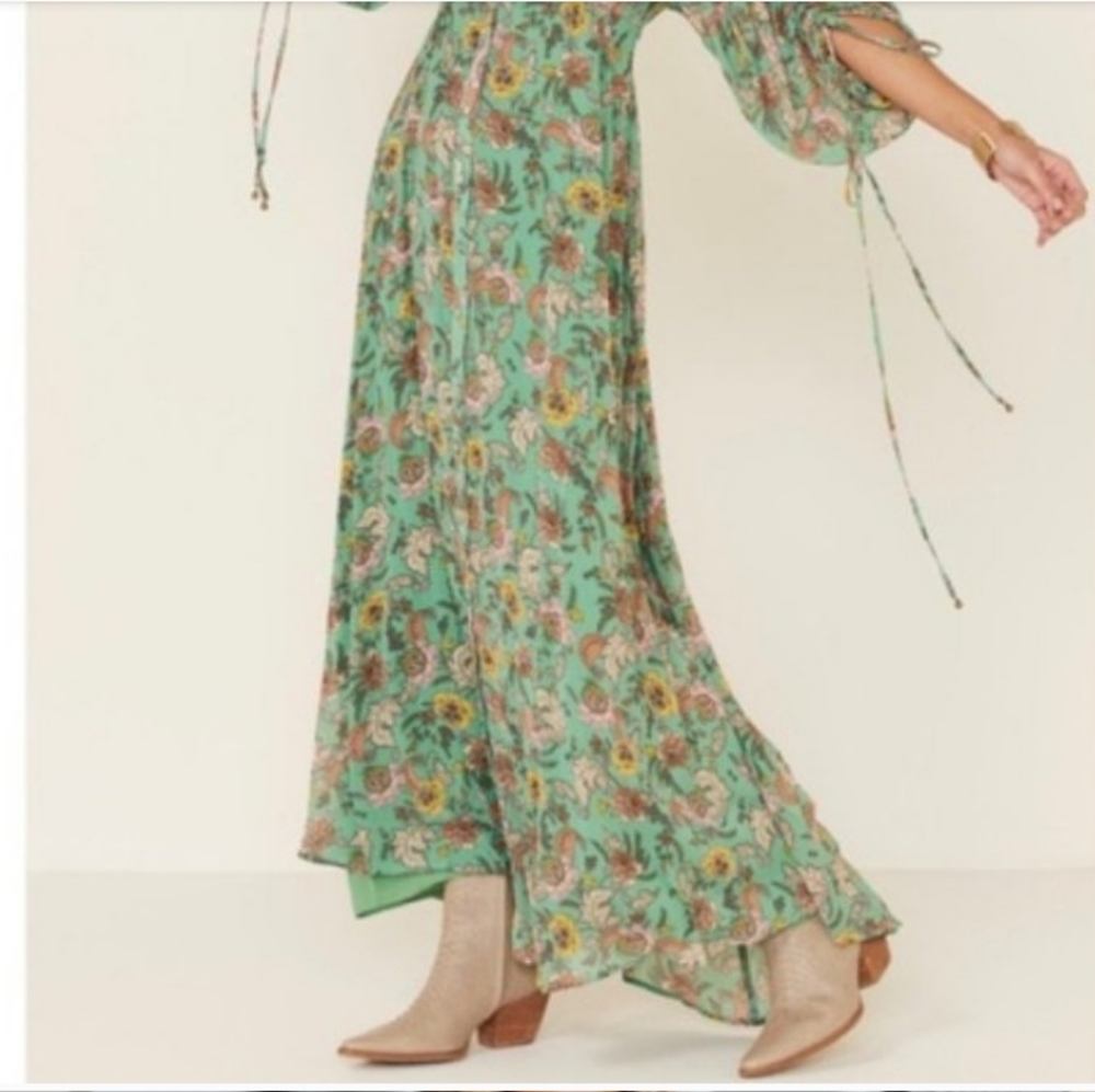Free People green Long sleeve sheer floral fall Maxi Dress - Picture 3 of 13